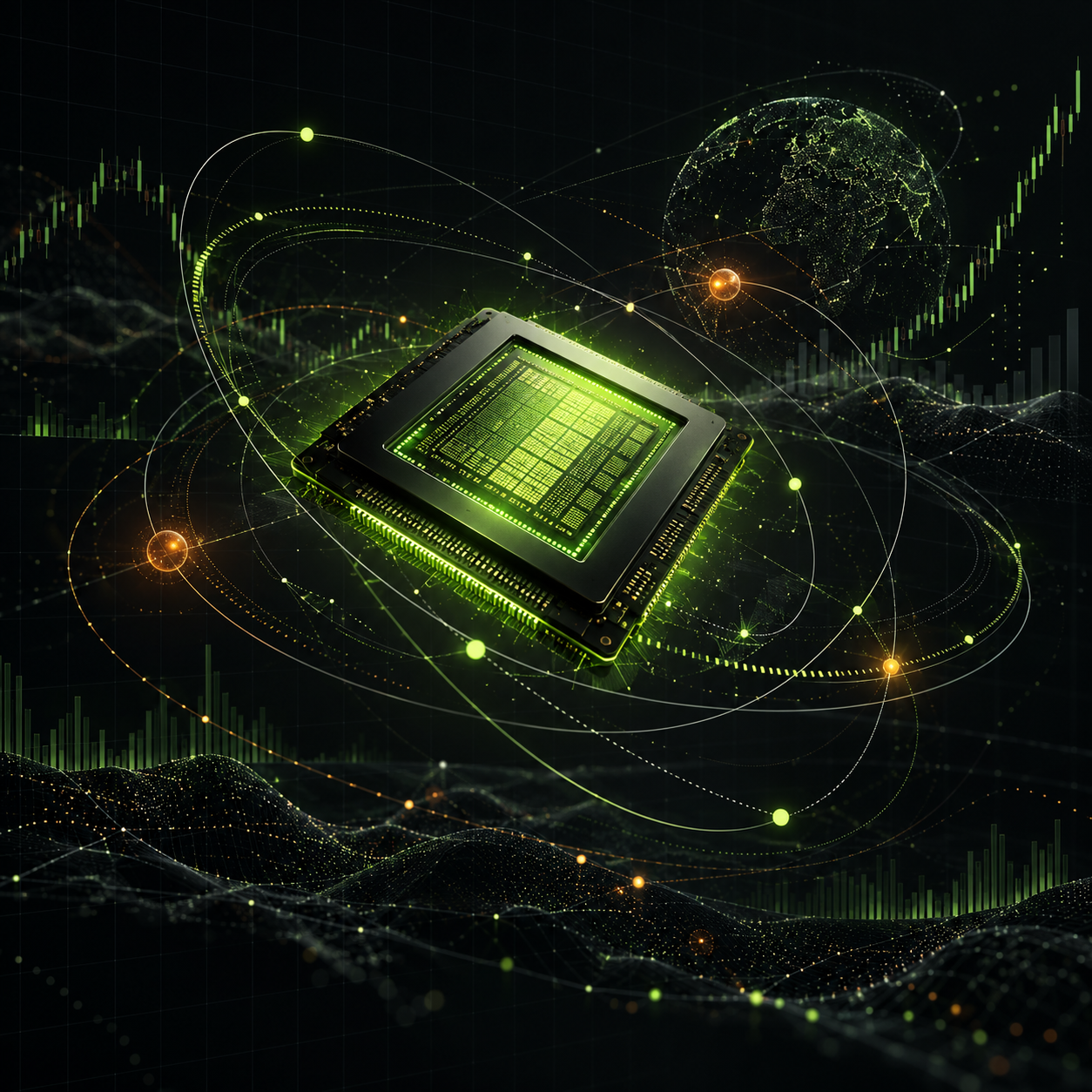Illustration of a GPU chip with orbiting public data signals